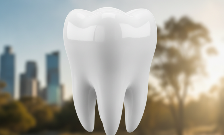 Close-up of a perfectly healthy, white molar tooth, sharp and clean, with a softly blurred, sunny Australian cityscape or natural landscape in the background, symbolizing dental care and location.