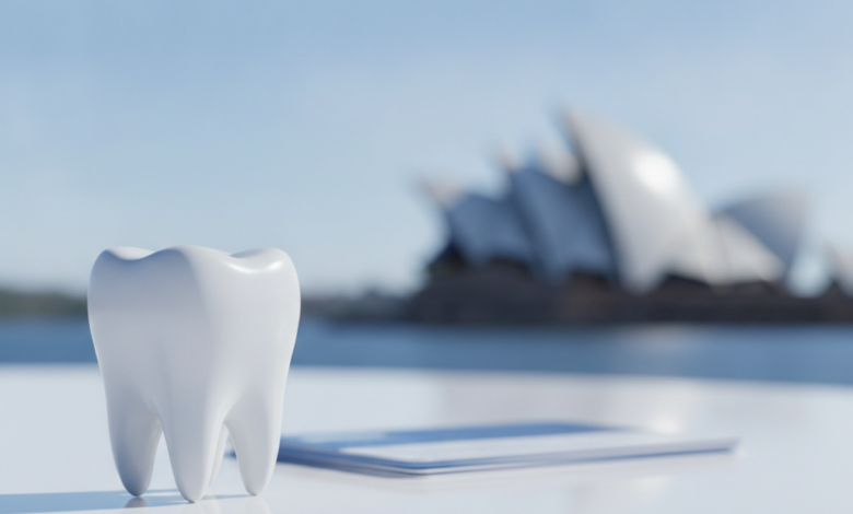 A close-up, photorealistic image of a sparkling white tooth on a clean surface, with blurred generic documents behind it. In the distant, highly blurred background, the distinct white sails of the Sydney Opera House are visible under a bright sky. The image conveys themes of dental health, policy, and financial considerations in Australia.