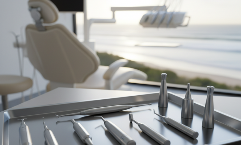 Close-up photorealistic image of sterile, precision dental implant tools arranged on a metallic tray in a modern, clean dental operatory. The tools are in sharp focus. In the very softly blurred background, a sunny Australian coastal landscape with distant waves is visible through a large window. The image has cinematic lighting and no text.