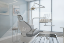 A photorealistic image showing a clean, modern dental clinic. In the foreground, a blurred abstract document symbolizes dental insurance and financial paperwork. In the mid-ground, sterile dental instruments are subtly visible on a tray, with a soft-focus dental chair and professional clinic background, illustrating the financial aspects of dental treatment.