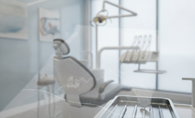 A photorealistic image showing a clean, modern dental clinic. In the foreground, a blurred abstract document symbolizes dental insurance and financial paperwork. In the mid-ground, sterile dental instruments are subtly visible on a tray, with a soft-focus dental chair and professional clinic background, illustrating the financial aspects of dental treatment.