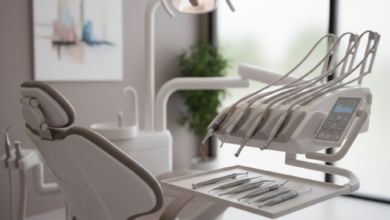 A bright, photorealistic image of a modern dental treatment room in Australia, featuring a comfortable dental chair, sterile advanced instruments on a tray, and soft natural light, conveying a sense of calm and professional care.