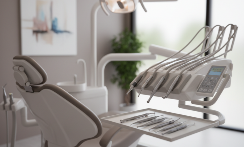 A bright, photorealistic image of a modern dental treatment room in Australia, featuring a comfortable dental chair, sterile advanced instruments on a tray, and soft natural light, conveying a sense of calm and professional care.
