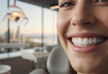 Close-up of a person's confident, healthy smile with perfectly restored teeth, set in a blurred modern dental clinic. The background through a window is a very blurred, non-specific urban or coastal view, hinting at Australia. The image emphasizes the success and aesthetic appeal of advanced dental implant procedures.