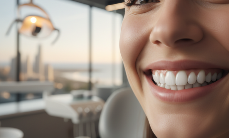 Close-up of a person's confident, healthy smile with perfectly restored teeth, set in a blurred modern dental clinic. The background through a window is a very blurred, non-specific urban or coastal view, hinting at Australia. The image emphasizes the success and aesthetic appeal of advanced dental implant procedures.
