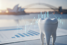 A close-up of a perfectly white, healthy tooth in the foreground, with blurred financial documents or abstract digital policy interfaces behind it. In the very soft-focus background, the iconic Sydney Opera House or Sydney Harbour Bridge is subtly visible, indicating the Australian context. The scene is brightly lit and photorealistic, conveying clarity and professionalism.