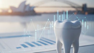 A close-up of a perfectly white, healthy tooth in the foreground, with blurred financial documents or abstract digital policy interfaces behind it. In the very soft-focus background, the iconic Sydney Opera House or Sydney Harbour Bridge is subtly visible, indicating the Australian context. The scene is brightly lit and photorealistic, conveying clarity and professionalism.