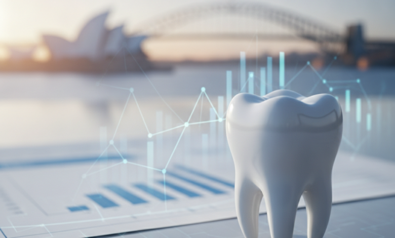 A close-up of a perfectly white, healthy tooth in the foreground, with blurred financial documents or abstract digital policy interfaces behind it. In the very soft-focus background, the iconic Sydney Opera House or Sydney Harbour Bridge is subtly visible, indicating the Australian context. The scene is brightly lit and photorealistic, conveying clarity and professionalism.
