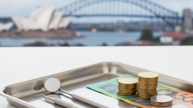 Close-up of sterile dental instruments on a tray, next to Australian dollar coins and banknotes. The background is a blurred image of an Australian city skyline with recognizable landmarks, suggesting the financial aspect of dental care in Australia.