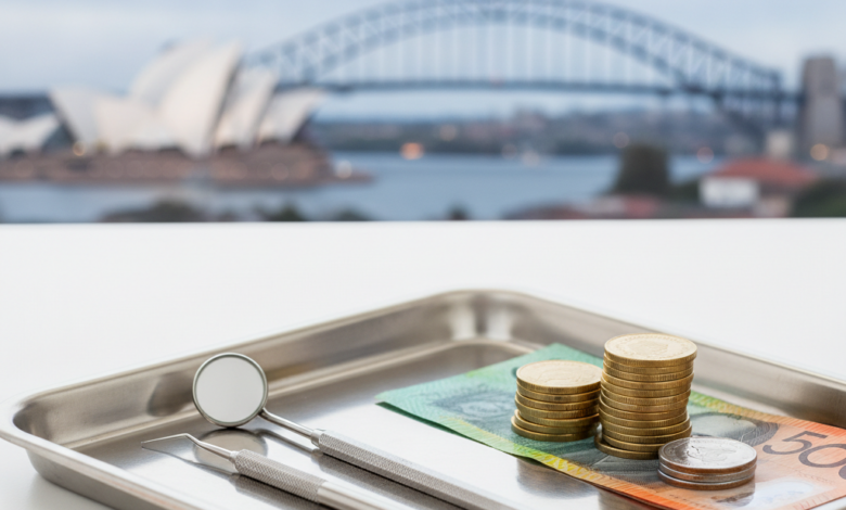 Close-up of sterile dental instruments on a tray, next to Australian dollar coins and banknotes. The background is a blurred image of an Australian city skyline with recognizable landmarks, suggesting the financial aspect of dental care in Australia.