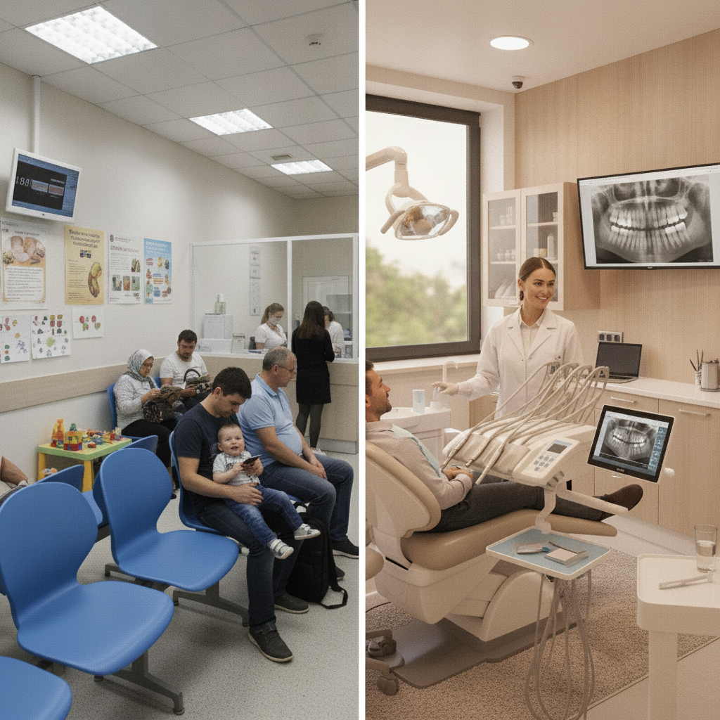 Public vs Private Dental Care Australia: Visualizing the distinct differences in healthcare systems and patient experiences.