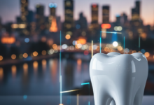 A conceptual image showing a gleaming, healthy white enamel surface or implied tooth form in the foreground, subtly integrated with abstract, blurred digital financial graphics. The background is a soft-focus, iconic Australian city skyline at dusk with bokeh lights, symbolizing dental health protection and financial planning in Australia.