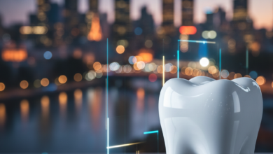 A conceptual image showing a gleaming, healthy white enamel surface or implied tooth form in the foreground, subtly integrated with abstract, blurred digital financial graphics. The background is a soft-focus, iconic Australian city skyline at dusk with bokeh lights, symbolizing dental health protection and financial planning in Australia.