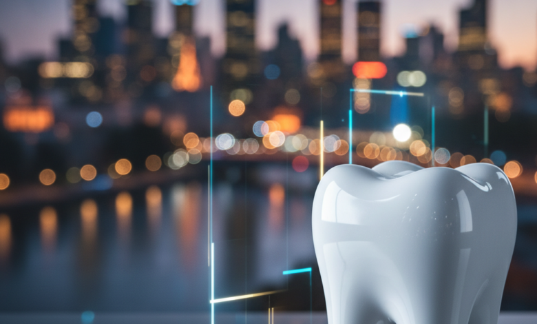 A conceptual image showing a gleaming, healthy white enamel surface or implied tooth form in the foreground, subtly integrated with abstract, blurred digital financial graphics. The background is a soft-focus, iconic Australian city skyline at dusk with bokeh lights, symbolizing dental health protection and financial planning in Australia.