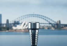 A close-up, photorealistic view of a gleaming titanium dental implant, intricately detailed, set against a softly blurred background featuring the iconic Sydney Opera House and Harbour Bridge under a clear sky.