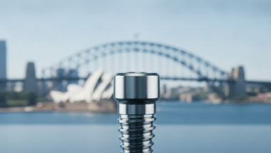 A close-up, photorealistic view of a gleaming titanium dental implant, intricately detailed, set against a softly blurred background featuring the iconic Sydney Opera House and Harbour Bridge under a clear sky.