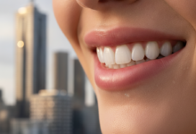 Close-up of a person's healthy, confident smile with natural-looking white teeth, against a softly blurred background showing a modern architectural landmark of the Melbourne city skyline.