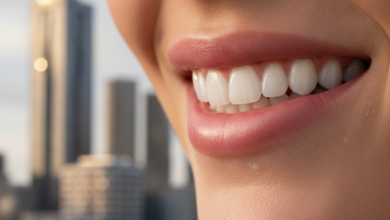 Close-up of a person's healthy, confident smile with natural-looking white teeth, against a softly blurred background showing a modern architectural landmark of the Melbourne city skyline.