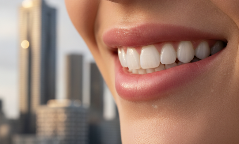 Close-up of a person's healthy, confident smile with natural-looking white teeth, against a softly blurred background showing a modern architectural landmark of the Melbourne city skyline.