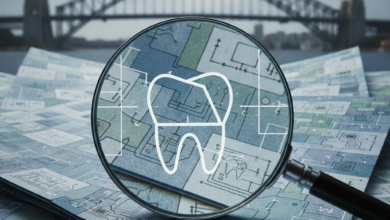 A close-up, photorealistic view of a magnifying glass held over a stack of abstract, layered financial documents or policy papers, which subtly incorporate conceptual dental motifs. The background is a blurred but recognizable Australian cityscape, emphasizing the local context. No text is visible.
