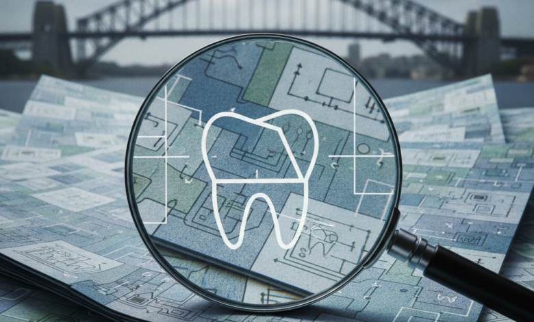 A close-up, photorealistic view of a magnifying glass held over a stack of abstract, layered financial documents or policy papers, which subtly incorporate conceptual dental motifs. The background is a blurred but recognizable Australian cityscape, emphasizing the local context. No text is visible.
