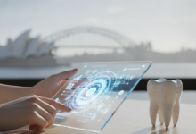 A close-up of hands reviewing abstract financial information next to a clean dental model, with a blurred Australian city skyline in the background, symbolizing dental financing.