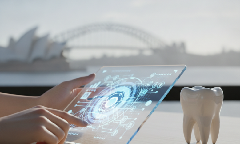 A close-up of hands reviewing abstract financial information next to a clean dental model, with a blurred Australian city skyline in the background, symbolizing dental financing.