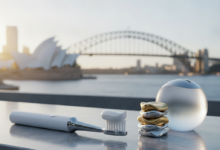 A clean, modern toothbrush with toothpaste and a small stack of shiny, abstract coins (or an elegant piggy bank) in the foreground. The background is a softly blurred, sunlit Australian city skyline, suggesting smart financial decisions for dental health in Australia.