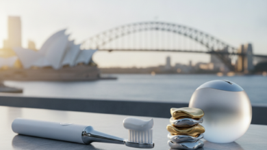 A clean, modern toothbrush with toothpaste and a small stack of shiny, abstract coins (or an elegant piggy bank) in the foreground. The background is a softly blurred, sunlit Australian city skyline, suggesting smart financial decisions for dental health in Australia.
