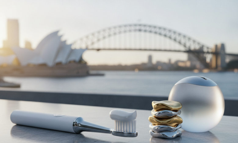 A clean, modern toothbrush with toothpaste and a small stack of shiny, abstract coins (or an elegant piggy bank) in the foreground. The background is a softly blurred, sunlit Australian city skyline, suggesting smart financial decisions for dental health in Australia.