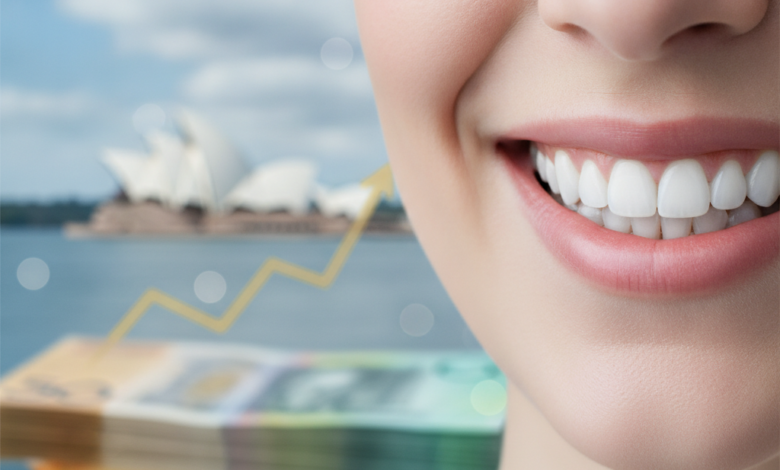 A close-up of a healthy, bright smile with a clean, soft focus. In the background, blurred financial concepts like abstract currency or a graph subtly blend with a distant, iconic Australian landmark, such as the Sydney Opera House, all rendered with a shallow depth of field. The image symbolizes dental health, financial considerations, and the Australian context.