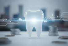 A photorealistic image showing a glowing, stylized white molar tooth in the foreground, surrounded by abstract, blurred stacks of coins and digital payment stream graphics. In the very soft-focus background, a blurred, indistinct Australian cityscape is visible. The overall scene conveys financial accessibility for dental care.