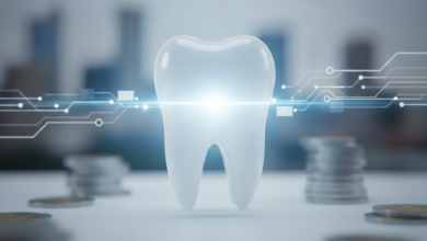 A photorealistic image showing a glowing, stylized white molar tooth in the foreground, surrounded by abstract, blurred stacks of coins and digital payment stream graphics. In the very soft-focus background, a blurred, indistinct Australian cityscape is visible. The overall scene conveys financial accessibility for dental care.