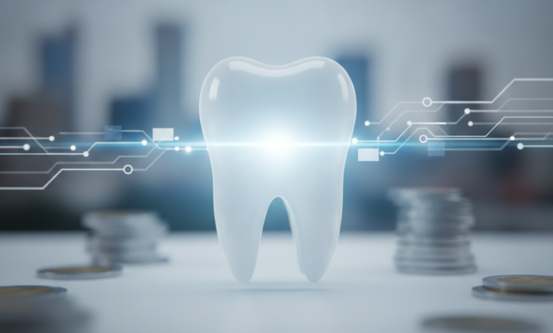 A photorealistic image showing a glowing, stylized white molar tooth in the foreground, surrounded by abstract, blurred stacks of coins and digital payment stream graphics. In the very soft-focus background, a blurred, indistinct Australian cityscape is visible. The overall scene conveys financial accessibility for dental care.