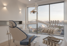 A photorealistic, ultra-detailed interior shot of a modern Australian dental treatment room. A sleek, high-tech dental chair is central, flanked by gleaming, sophisticated dental instruments. Through a large window, a very blurred, sunny Australian cityscape or coastline is visible in the background, hinting at the location.