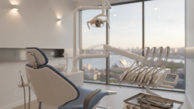 A photorealistic, ultra-detailed interior shot of a modern Australian dental treatment room. A sleek, high-tech dental chair is central, flanked by gleaming, sophisticated dental instruments. Through a large window, a very blurred, sunny Australian cityscape or coastline is visible in the background, hinting at the location.