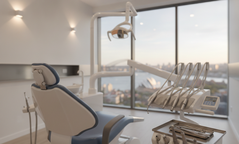 A photorealistic, ultra-detailed interior shot of a modern Australian dental treatment room. A sleek, high-tech dental chair is central, flanked by gleaming, sophisticated dental instruments. Through a large window, a very blurred, sunny Australian cityscape or coastline is visible in the background, hinting at the location.