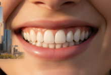 Close-up of a bright, healthy, and confident smile with perfectly aligned teeth, featuring a blurred background of the iconic Melbourne city skyline, symbolizing cosmetic dental services and smile enhancement in Melbourne.