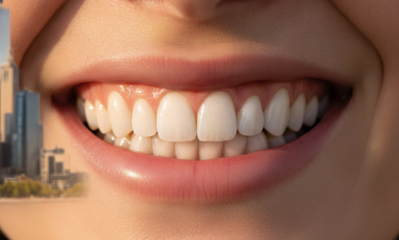 Close-up of a bright, healthy, and confident smile with perfectly aligned teeth, featuring a blurred background of the iconic Melbourne city skyline, symbolizing cosmetic dental services and smile enhancement in Melbourne.