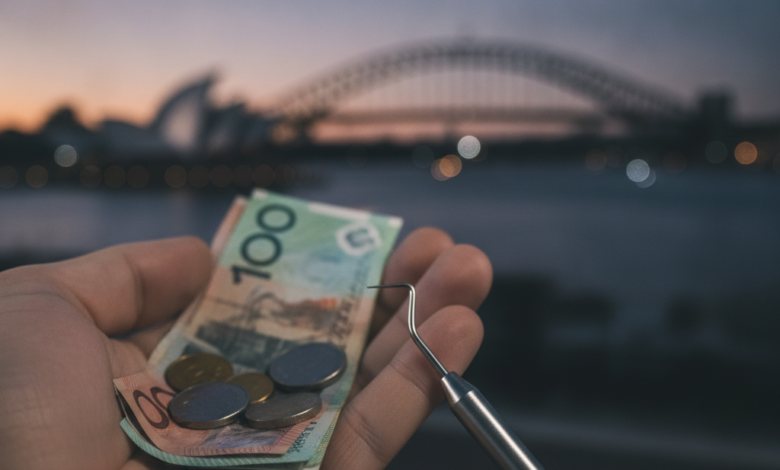 A close-up, photorealistic image of a hand holding blurred Australian dollar notes and coins, with a clean dental instrument in the foreground. In the soft-focus background, the iconic Sydney Opera House and Harbour Bridge are visible at dusk, symbolizing the financial burden of dental care in Australia.