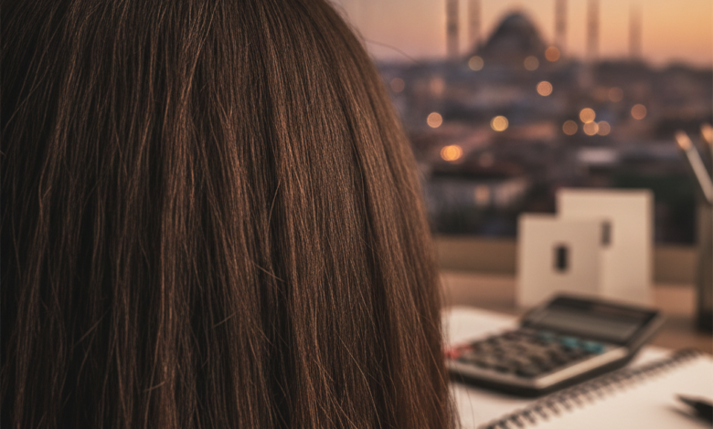 A photorealistic image focusing on the back of a head with healthy, dark hair in the foreground. Blurred in the mid-ground are abstract shapes suggesting financial planning tools like a calculator and notepad. In the heavily blurred background, a warm-lit Istanbul cityscape with domes and minarets is visible, representing medical tourism.