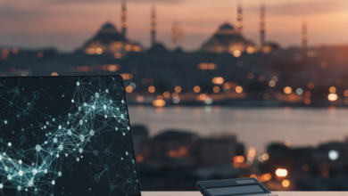 A blurred desk with financial planning tools like a laptop showing an abstract graph and a blank calculator, set against a beautifully blurred panoramic view of the Istanbul skyline at dusk.