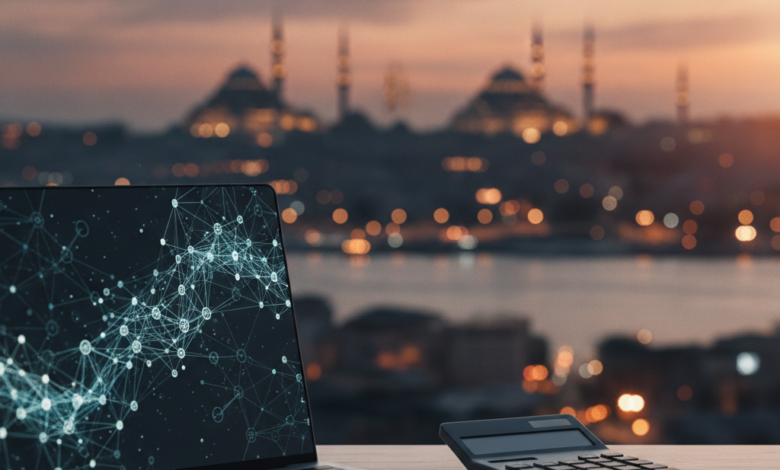 A blurred desk with financial planning tools like a laptop showing an abstract graph and a blank calculator, set against a beautifully blurred panoramic view of the Istanbul skyline at dusk.