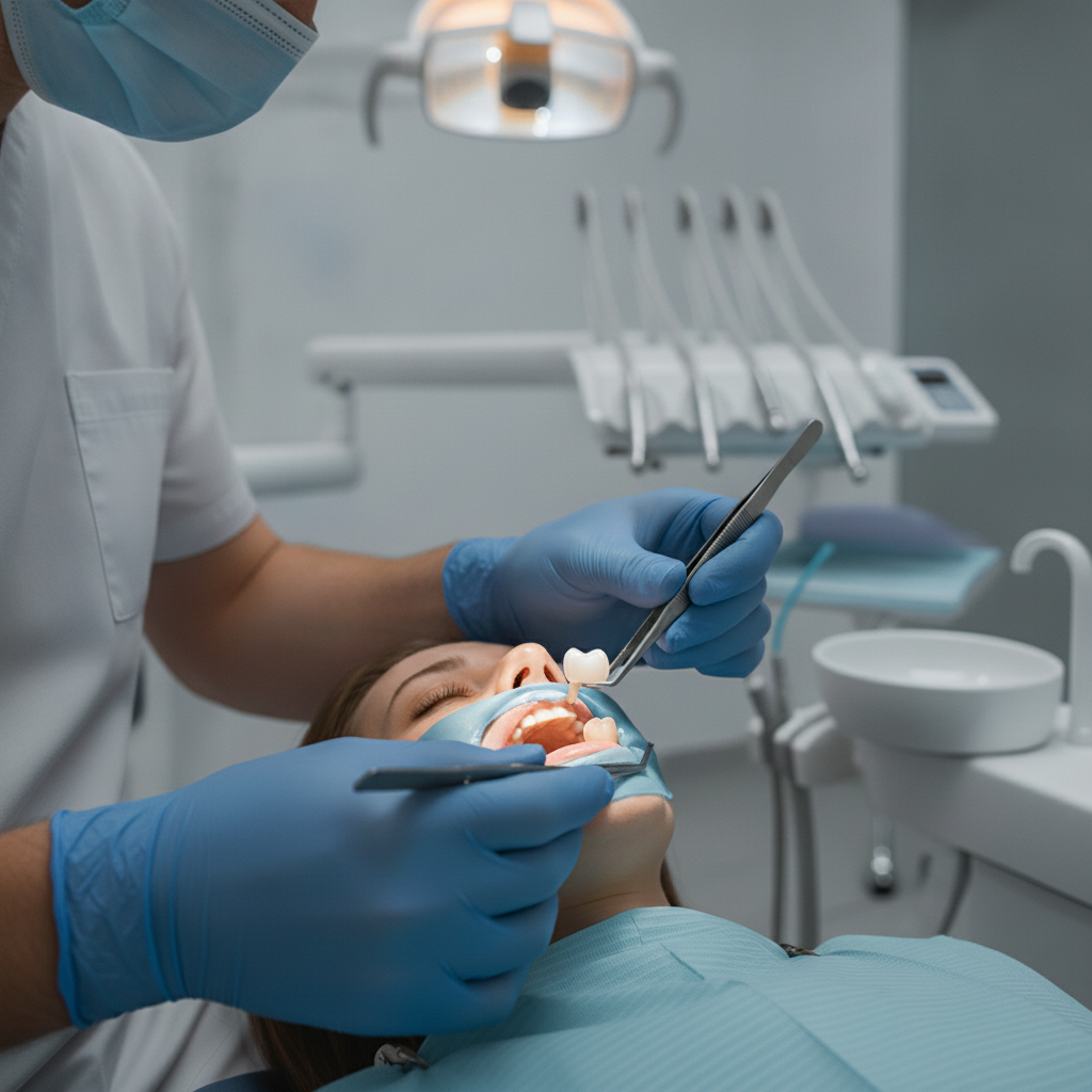 Permanent dental crown placement by a dentist Dental Crowns Brisbane: A dentist carefully places the permanent crown, ensuring a perfect fit and alignment