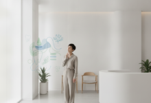 Patient observing conceptual dental service costs in a modern clinic reception.
