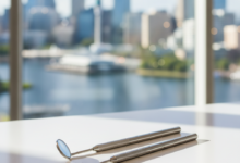 Pristine dental instruments, including a mirror and probe, resting on a clean surface in a modern dental clinic, with a blurred backdrop of the Perth city skyline and Swan River visible through a window.