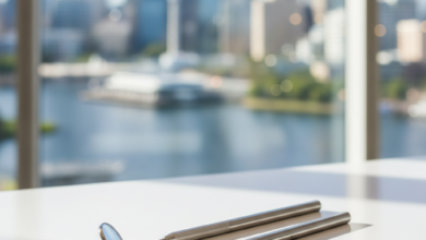 Pristine dental instruments, including a mirror and probe, resting on a clean surface in a modern dental clinic, with a blurred backdrop of the Perth city skyline and Swan River visible through a window.