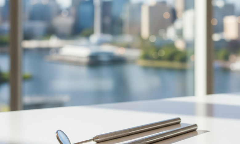 Pristine dental instruments, including a mirror and probe, resting on a clean surface in a modern dental clinic, with a blurred backdrop of the Perth city skyline and Swan River visible through a window.