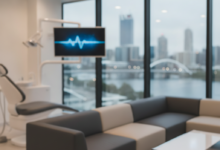 A sophisticated, clean dental clinic interior with minimalist design, featuring a blurred background view of the Perth city skyline through a large window. The scene suggests high-quality dental implant services.
