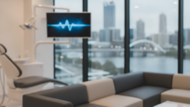 A sophisticated, clean dental clinic interior with minimalist design, featuring a blurred background view of the Perth city skyline through a large window. The scene suggests high-quality dental implant services.